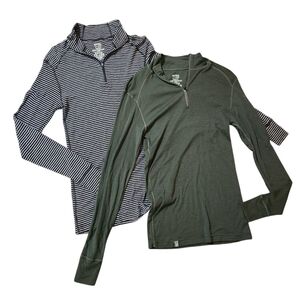 Woolies 150 Men’s Large Merino Wool 1/4 Zip Base Layer Green Black Gray Stripe